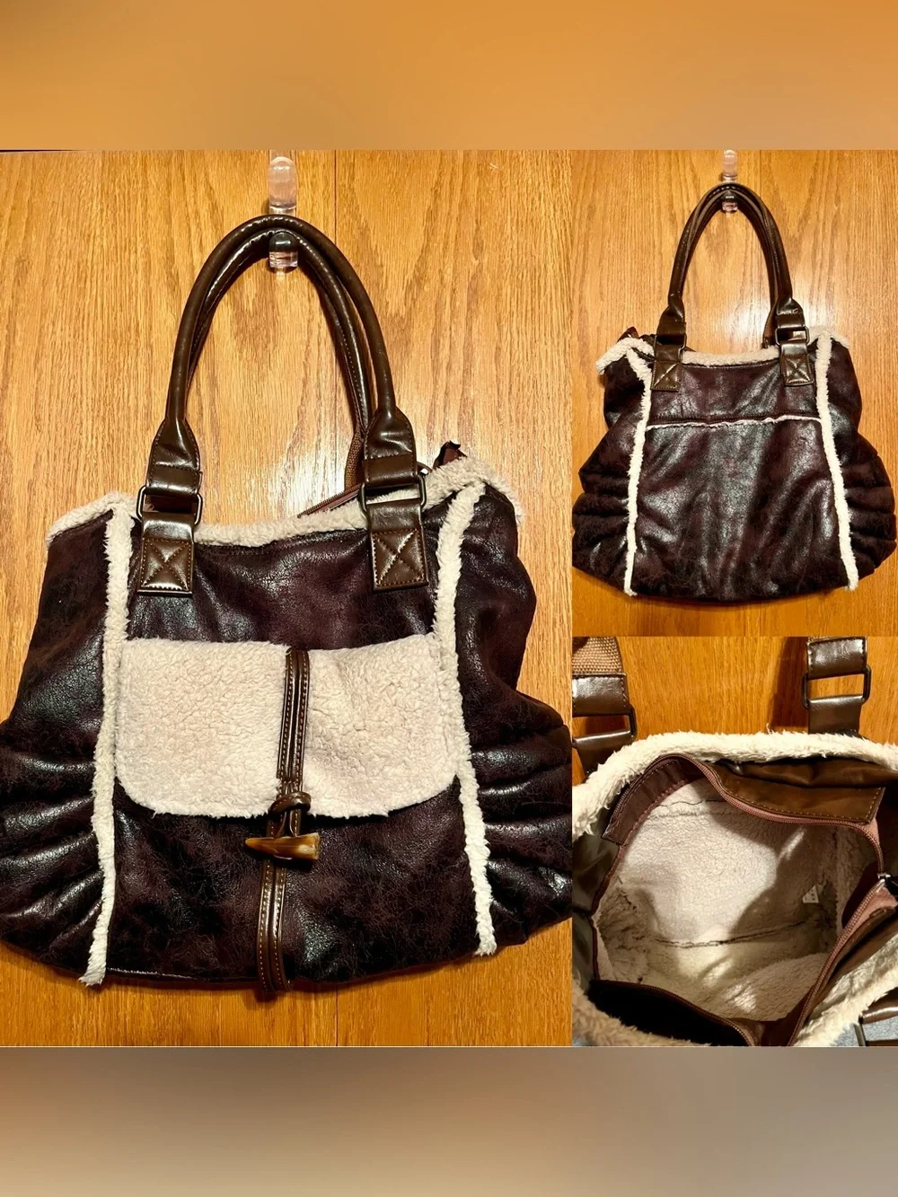 Women’s Dark Brown Faux Leather Tote with Cream Sherpa Trim